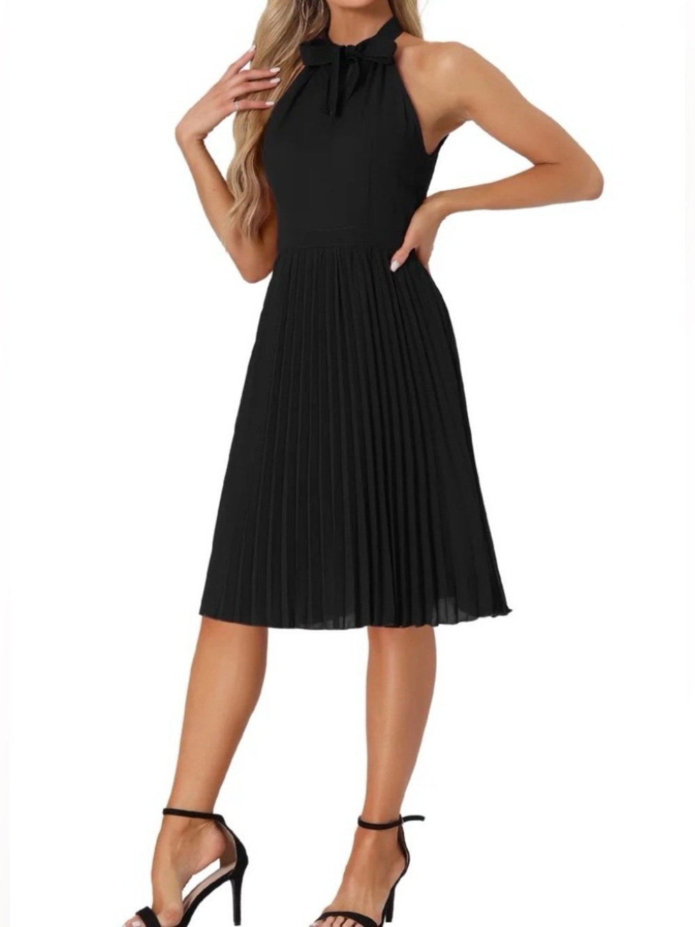 Women Pleated Dress Tie Halter Neck Sleeveless Chiffon Wear-to-Work Midi Dress S